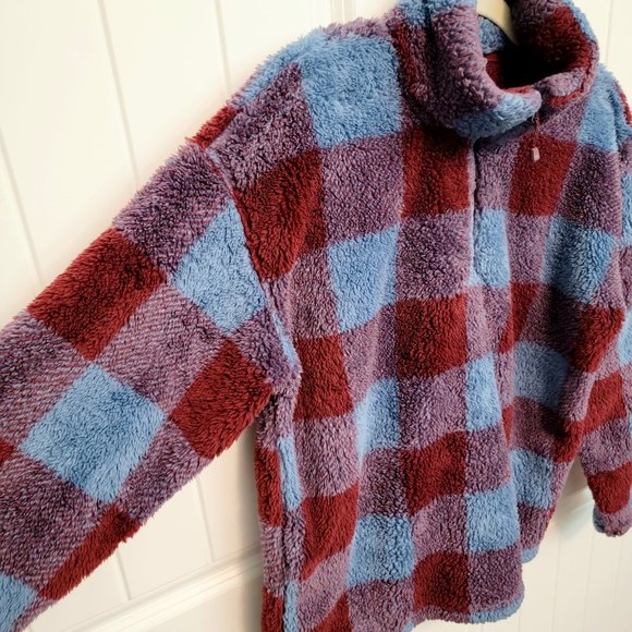 EDDIE BAUER Women's Large Ultra Soft Plush Fleece 1/4 Zip Pullover Harbor Check - Picture 6 of 12